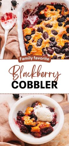 blackberry cobbler with ice cream and berries in it