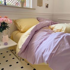 Pastel Pillowcase With Ties Bedding Set - Bedding Purple And Yellow Bedding, Yellow Duvet Cover Bedroom, Periwinkle Bedding, Yellow And Purple Room, Pastel Bed Sheets, Pastel Yellow Bedroom Ideas, Bed Duvet Covers Ideas, Soft Girl Aesthetic Bedroom, Blue And Pink Bedding