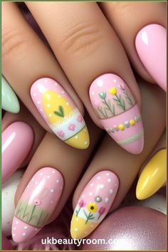 Dive into the enchanting world of nail art with Pink Nail Ideas 2024! 💖💅 These Spring Trend designs are perfect for adding a pop of color to your spring look. Don't miss out on the latest nail trends! 💅💖 #NailArt #PinkNailIdeas2024 💖💅 Almond Shaped Easter Nails, Aesthetic Easter Nails, Yellow Easter Nails, Peeps Nails, Mum Nails, Pastel Easter Nails, Celebration Nails, Easter Spring Nails, Designing Nails