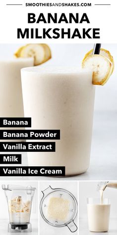 banana milkshake recipe in a glass with ingredients to make it and how to use it