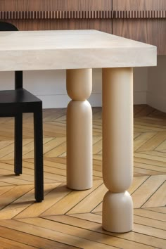 a table and two stools in a room