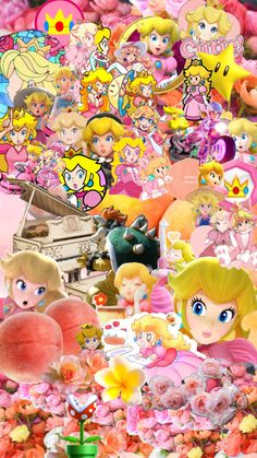 many cartoon characters are grouped together in this collage with pink flowers and other items