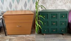 two chairs and a dresser in front of a wall with a plant next to it