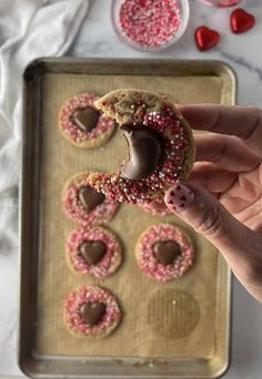 a person holding up a chocolate covered doughnut with sprinkles on it