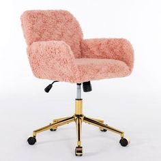 a pink office chair with gold wheels and casteors on an upholstered white background