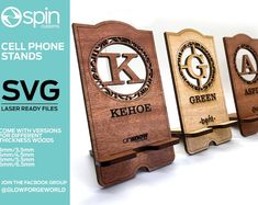 three cell phone stands are shown with the letter k on them and an ad for their company