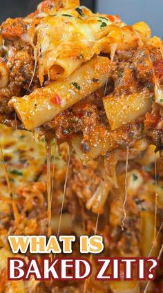 the cover of what is baked ziti?, with pasta being lifted from a casserole dish