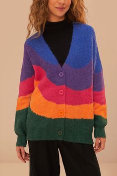 Vintage Waves Multicolor Knit Cardigan Brazilian Clothes, Multicolor Knit, Rio Brazil, Vintage Waves, Printed Dresses, Belt Style, Farm Rio, Cozy Knits, Lifestyle Brand