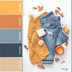 the color scheme is orange, yellow and blue with some autumn items on top of it