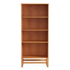 an empty wooden bookcase on a white background