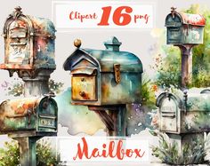 watercolor painting of mailboxes with the number 16 on them