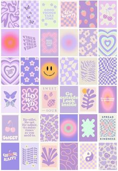 a collage of squares with different patterns and words on them, all in pastel colors