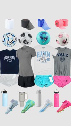 various sports items are arranged on a white background