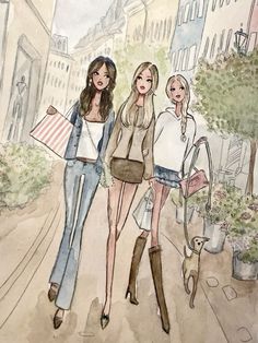 three women are walking down the street with shopping bags