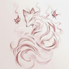 a drawing of a fox and some butterflies