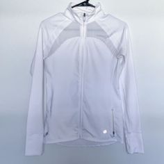 New With Tags White Athletic Jacket From Gapfit With Many Comfortable Features - Thumb Holes, Inside Pockets, Flat Seams, Tables, Four Way Stretch, Breathable, Mesh Inlays, Zips Up Gap Sporty Long Sleeve Tops, Sporty Long Sleeve Tops By Gap, Fitted White Gap Top, White Fitted Top By Gap, Gap Long Sleeve Outerwear For Layered Wear, White Stretch Outerwear For Spring, Fitted Long Sleeve Gap Outerwear, Fitted Long Sleeve Outerwear From Gap, Fitted Long Sleeve Outerwear By Gap