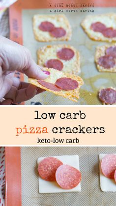 a person holding a piece of pizza in front of some crackers on a baking sheet