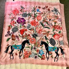 It’s Very Rare!!! Authentic Gucci Flora Print Pink Multicolor Silk Scarf Made In Italy This Is Absolutely Beautiful & Extremely Elegant Authentic Gucci Accessory Collection. Women's 100% Silk Large Scarf; Approx. 51" In Length & 51" In Wide ; Hand-Rolled Hems; Garment Care Label Is Included; Fantastic Multi-Color Floral With Pink Border; In Excellent Brand New Condition With No Pulls, No Damage, No Odor; A Superb Quality Scarf, Made In Italy. New With A Tag 100% Silk Twill Square Shape Size 51" Elegant Gucci Silk Scarf, Designer Pink Silk Scarf, Pink Luxury Silk Scarf, Gucci Prints, Indian Scarf, Gucci Flora, Gucci Pink, Flora Print, Pink Border