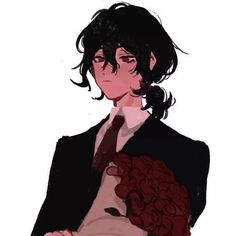 a drawing of a man with black hair holding flowers in his hands and looking at the camera