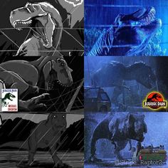 there are pictures of dinosaurs and cars in the rain