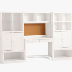 a white desk and bookcase with a corkboard on top