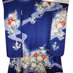 Vintage Traditional Furisode Kimono - Blue - Pac West Kimono Elegant Blue Floral Print Kimono, Traditional Blue Floral Print Kimono, Traditional Blue Floral Kimono, Blue Long Sleeve Kimono With Floral Print, Blue Floral Print Long Sleeve Kimono, Floral Print Long Sleeve Kimono For Wedding, Long Sleeve Floral Print Kimono For Wedding, Long Sleeve Floral Kimono For Wedding, Long Sleeve Floral Print Wedding Kimono