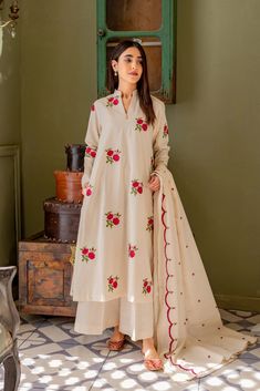 SAW22-27 (PRE-ORDER) Khaddar embroidered shirt. Khaddar trouser. Embroidered shawl. Dispatch time : 3-5 weeks Dress Design Patterns, Designer Dresses Casual, Boutique Dress Designs, Amritsar