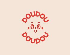 the words doudu in red on a light pink background with a smiley face