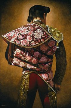 an oil painting of a man wearing a red and gold suit with flowers on it