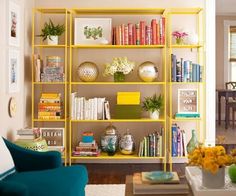 yellow painted furniture in different rooms and colors, including bookshelves with shelves on each side