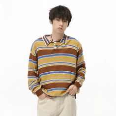 Wiaofellas - baggy jeans American Style Men's Contract Color Striped Pullovers Casual Lapel Knitted Sweater Loose Male Clothing Autumn Size Chart (Unit: CM) M Bust: 120CM Length: 66CM Shoulder: 50CM Sleeve: 55CM L Bust: 124CM Length: 68CM Shoulder: 52CM Sleeve: 56CM XL Bust: 128CM Length: 70CM Shoulder: 54CM Sleeve: 57CM (1 inch = 2.54 cm, 1 cm = 0.39 inch) Note:1.The folllwing size information is mearsured from the flatly paved clothes. 2.Please allow 1-3cm differ ,and this item has some elesti Casual Brown Sweater, Casual Striped Sweater, Male Clothing, Hot Jeans, Blazer Shirt, Loose Sweater, Color Stripes, Casual Pullover, Jacket Sale