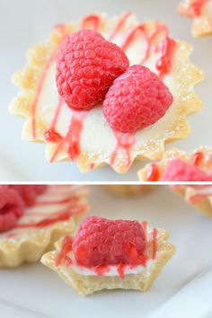 raspberry tarts with white chocolate drizzled over them on a plate