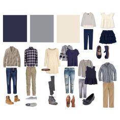 an assortment of clothing and shoes arranged on a white background, including jeans, sweaters, shirt, jacket, slippers