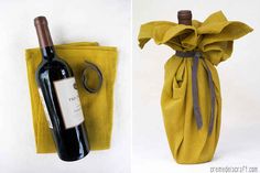 a wine bottle in a bag next to a corkscrew