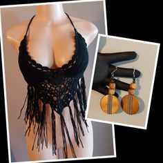 Crochet Halter Top And Custom Earrings Set New L New Pieces The Top Is Cotton Halter Black Color Size Large The Earrings Are Custom Handmade For The Top Boho Poolside Style Very Cute And Unique Will Pair Great With Any Color Bottoms #Crochettop #Crochethalter #Customer Rings #Bohotop #Bohostyle Crochet Harness Top, Black Dangle Jewelry For Beach, Black Dangle Jewelry For Summer, Trendy Black Festival Earrings, Black Dangle Earrings For Summer, Trendy Black Jewelry For Vacation, Trendy Black Earrings For Festivals, Handmade Black Jewelry For Vacation, Handmade Black Earrings For Beach