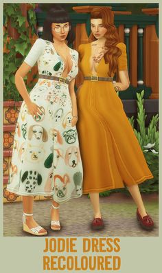 two women standing next to each other in front of a green background with the words jodie dress recolored