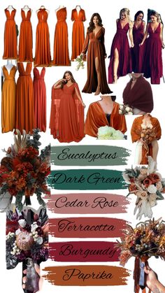 an assortment of bridesmaid's dresses and bouquets in orange, green, red