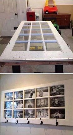 the before and after shots of an old window with pictures hanging on it's sides