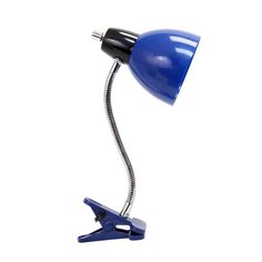 a blue desk lamp sitting on top of a white table