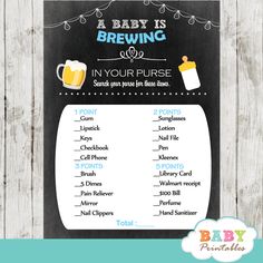 a baby is brewing in your purse sign on a chalkboard with a blue background