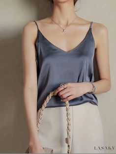 Lasaky - Elegant V-neck Spaghetti Strap Top, Chic Sleeveless Cami Top for Summer, Womens Fashion Crop Top Satin, Tops Off Shoulder, Sling Top, Womens Basic Tops, Silk Vest, School Outfit Women, Top Satin, First Day Of School Outfit, Spaghetti Strap Top