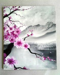 a painting of pink flowers on a white background with mountains in the distance and water