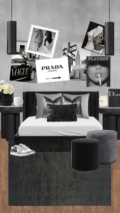 a black and white bedroom with pictures on the wall