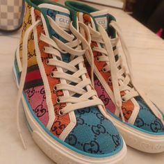 Multicolor Gucci High Tops Only Wore One Time In The House Gucci High Tops, House Sold, Gucci Shoes, One Time, High Tops, The House, Gucci, Women Shoes, Pink