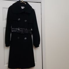 This Classic Black Leather Belted Wool Coat In A Sz P/S Is A Sure Winner! Perfect Condition:-) Reasonable Offers Welcome:-) Fitted Black Wool Coat With Double Button Closure, Black Wool Coat With Double Button Closure, Vintage Black Wool Outerwear, Classic Black Wool Coat With Double-breasted Buttons, Mackage Jacket, Black Single-breasted Wool Coat With Lapel Collar, Black Leather Belt, Wool Coat, Leather Belt