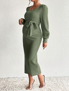 Maternity Scoop Neck Belted Bodycon Dress With Long Sleeve Army Green Casual  Long Sleeve Knitted Fabric Plain Bodycon Medium Stretch Spring/Fall Maternity Clothing, size features are:Bust: ,Length: ,Sleeve Length: Fitted Maternity Dress For Fall, Winter Baby Shower Dress, Maternity Clothes Winter, Sage Green Sweater Dress, Fitted Long Sleeve Spring Maternity Dress, Maternity Outfits Winter, Pregnancy Outfits Fall, Baby Shower Dress Winter, Maternity Sweater Dress Baby Shiwer