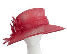 Made from finest sinamay, this large red hat sports traditional outline with wide brim and tall crown. Throw in bouquet of hand-made sinamay flowers and you have perfect racing hat for any occasion.  Traditional ladies fashion hat  Wide brim  Will fit size up to 58cm  Adjustable band to fit smaller sizes Red Top Hat For Spring Church, Red Top Hat For Spring Church Events, Red Top Hat With Curved Brim For Spring, Red Curved Brim Top Hat For Spring, Spring Boater Hat With Wide Brim In Sinamay, Spring Sinamay Mini Hats For Races, Red Flat Brim Boater Hat For Spring, Spring Sinamay Straw Hat, Elegant Sinamay Boater Hat For Spring