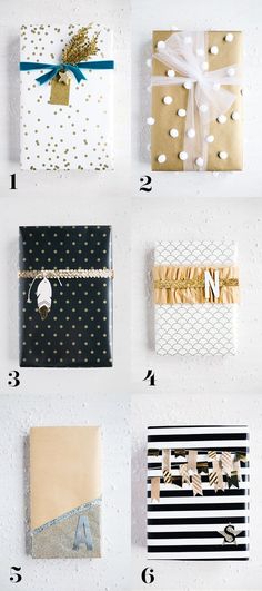 six different types of wrapping paper with gold and white polka dots on them, all tied together