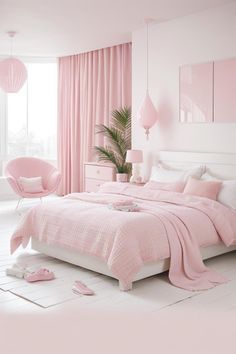 a bedroom with pink walls and white flooring is decorated in shades of light pink