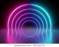 an abstract neon background with circles in the center and reflection on the floor, 3d rendering